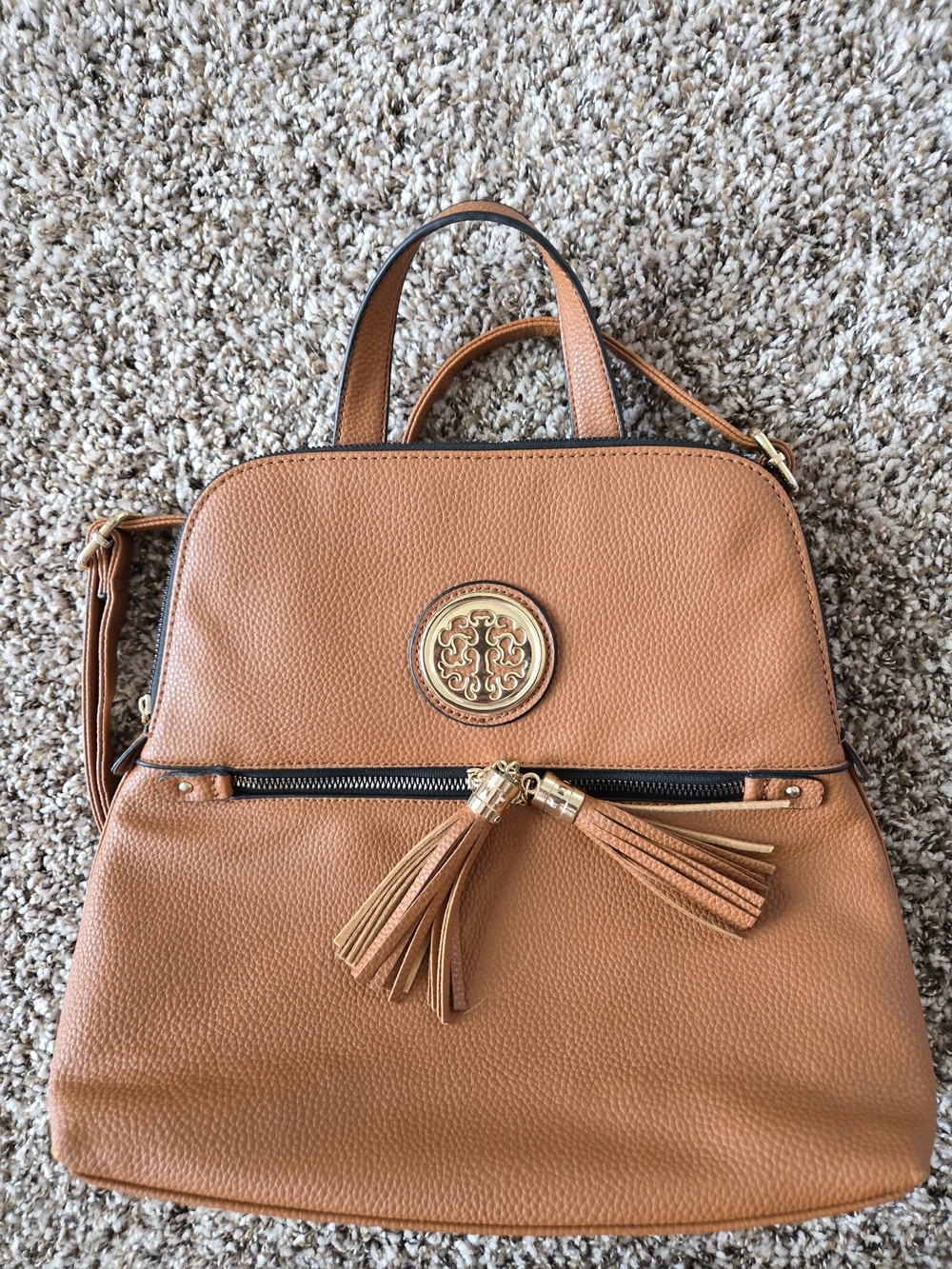 Women's Tan Leather Backpack Tote with Tassel Accent